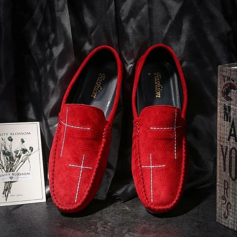 Men's Us 8 Red Suede Moccasins Slip On Flat Loafers Casual Dress Shoes